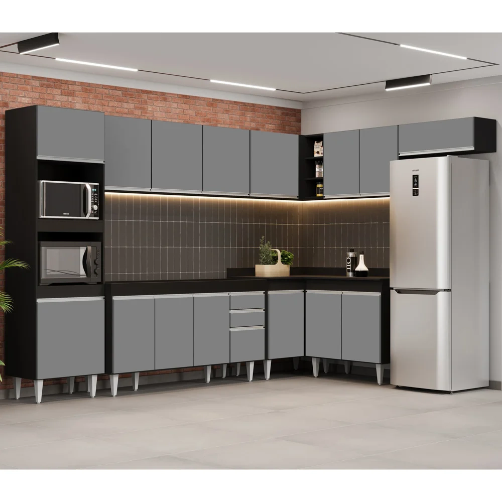 Armário de Cozinha Modulada de Canto 8 Peças CP07 Balcão Preto/Cinza - Lumil