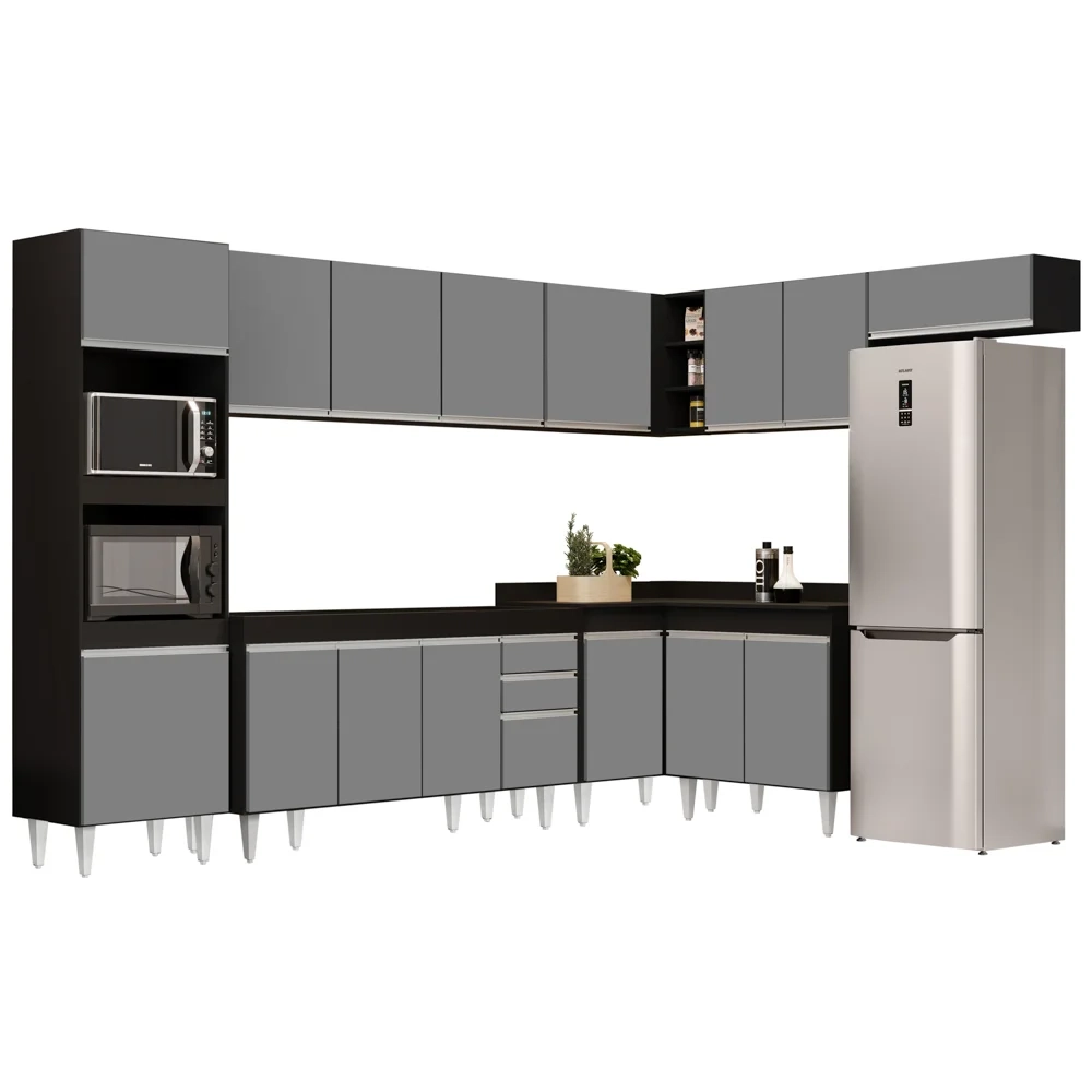Armário de Cozinha Modulada de Canto 8 Peças CP07 Balcão Preto/Cinza - Lumil