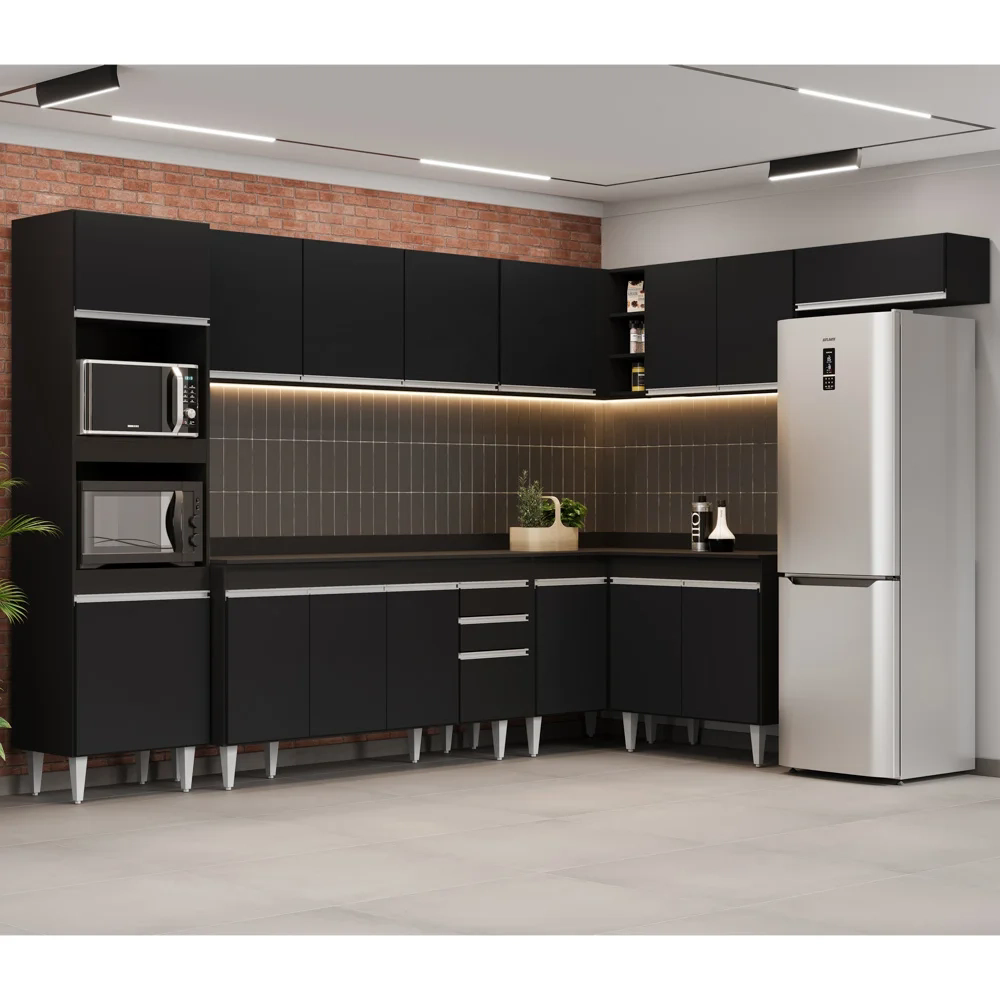 Armário de Cozinha Modulada de Canto 8 Peças CP08 Balcão com Tampo Preto - Lumil