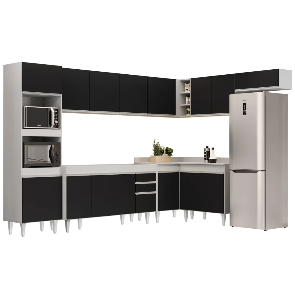 Armário de Cozinha Modulada de Canto 8 Peças CP07 Balcão Branco/Preto - Lumil