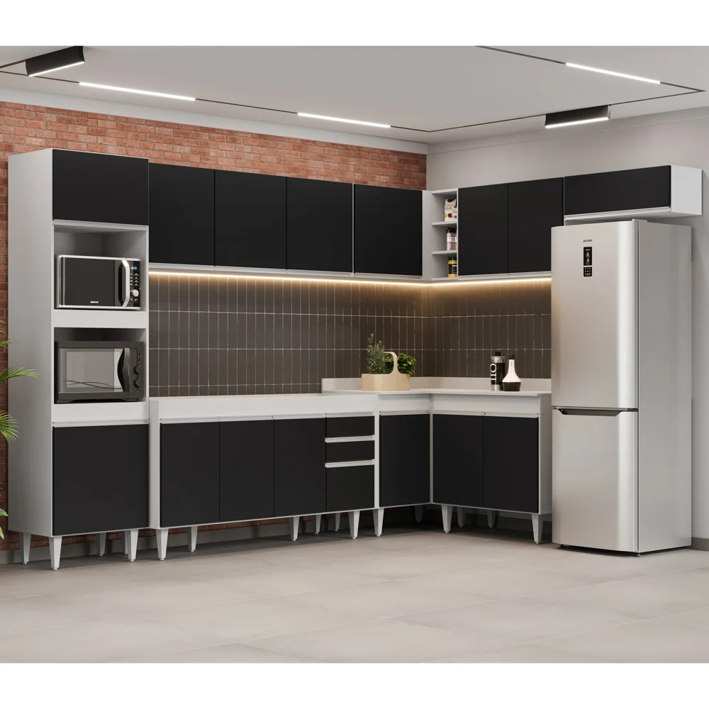 Armário de Cozinha Modulada de Canto 8 Peças CP07 Balcão Branco/Preto - Lumil
