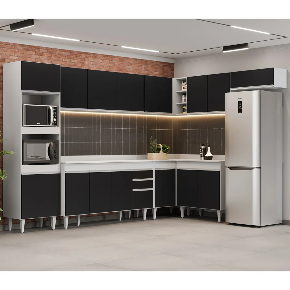 Armário de Cozinha Modulada de Canto 8 Peças CP08 Balcão com Tampo Branco/Preto - Lumil
