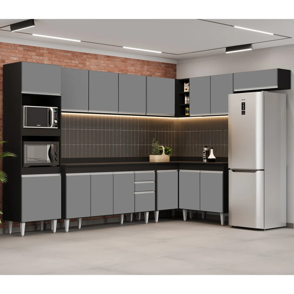 Armário de Cozinha Modulada de Canto 8 Peças CP08 Balcão com Tampo Preto/Cinza - Lumil