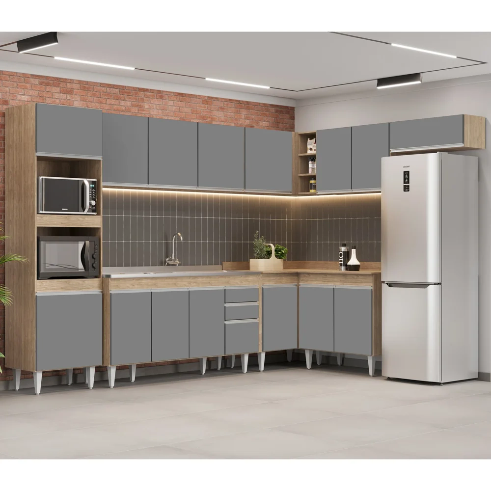 Armário de Cozinha Modulada de Canto 8 Peças CP09 Balcão com Pia Inox Castanho/Cinza - Lumil