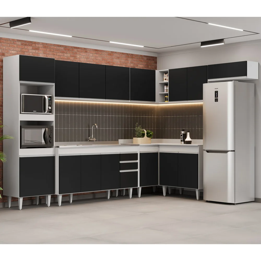 Armário de Cozinha Modulada de Canto 8 Peças CP09 Balcão com Pia Inox Branco/Preto - Lumil