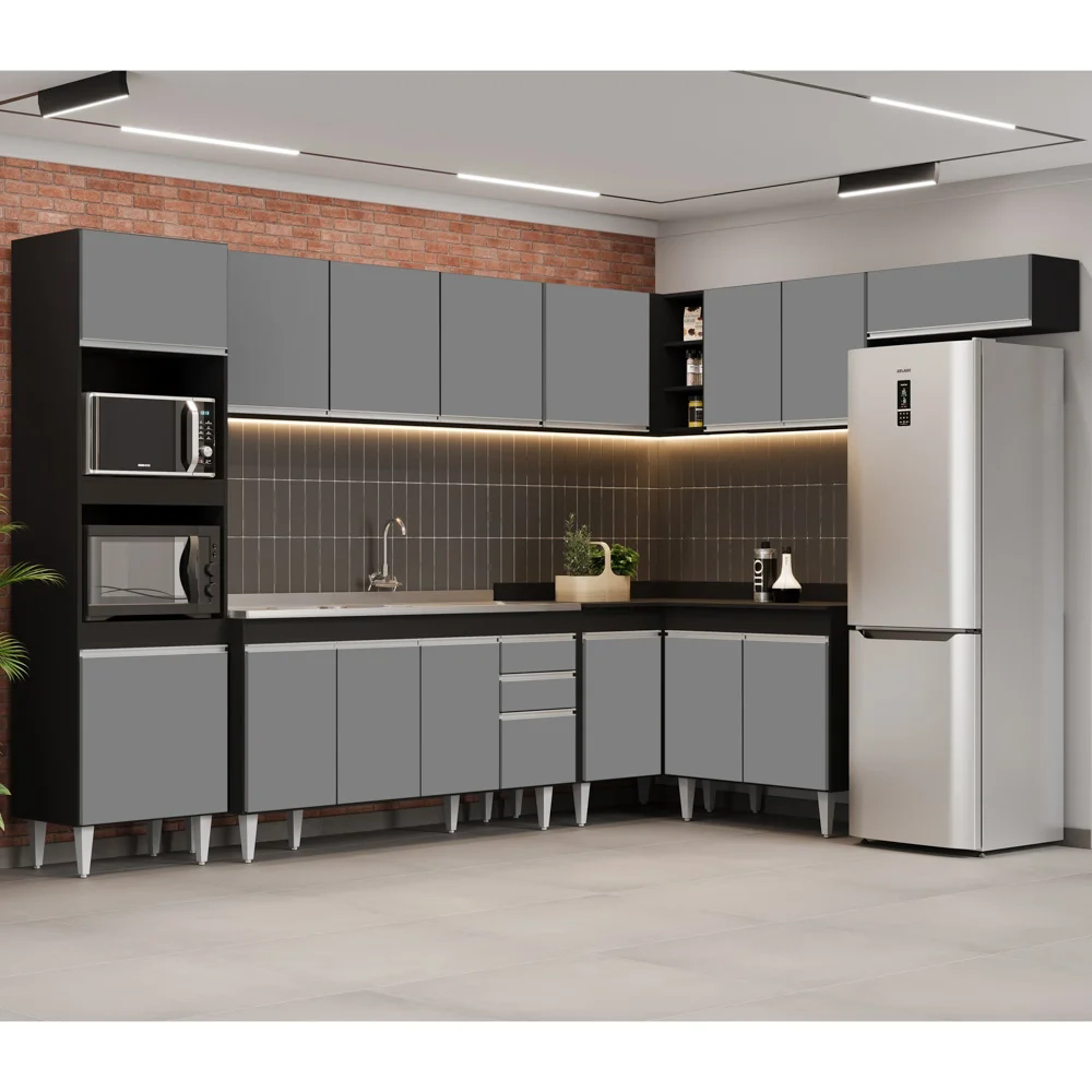 Armário de Cozinha Modulada de Canto 8 Peças CP09 Balcão com Pia Inox Preto/Cinza - Lumil