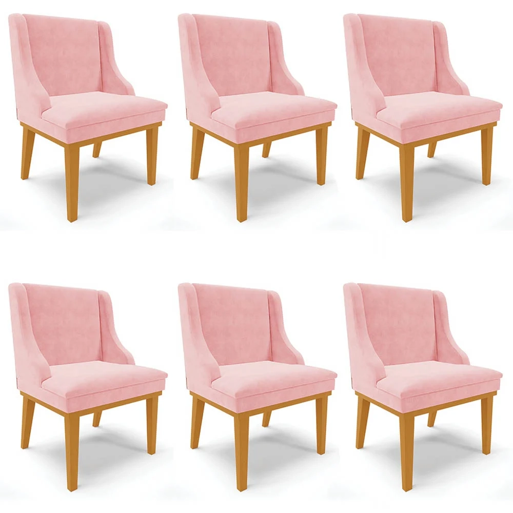 Kit 6 Cadeiras Estofadas para Sala de Jantar Base Fixa de Madeira Castanho Lia Suede Rosa bebê - Ibiza