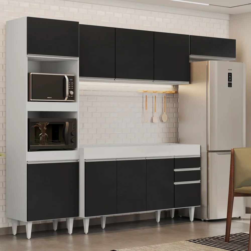 Armário de Cozinha Modulada 4 Peças CP10 Balcão Branco/Preto - Lumil