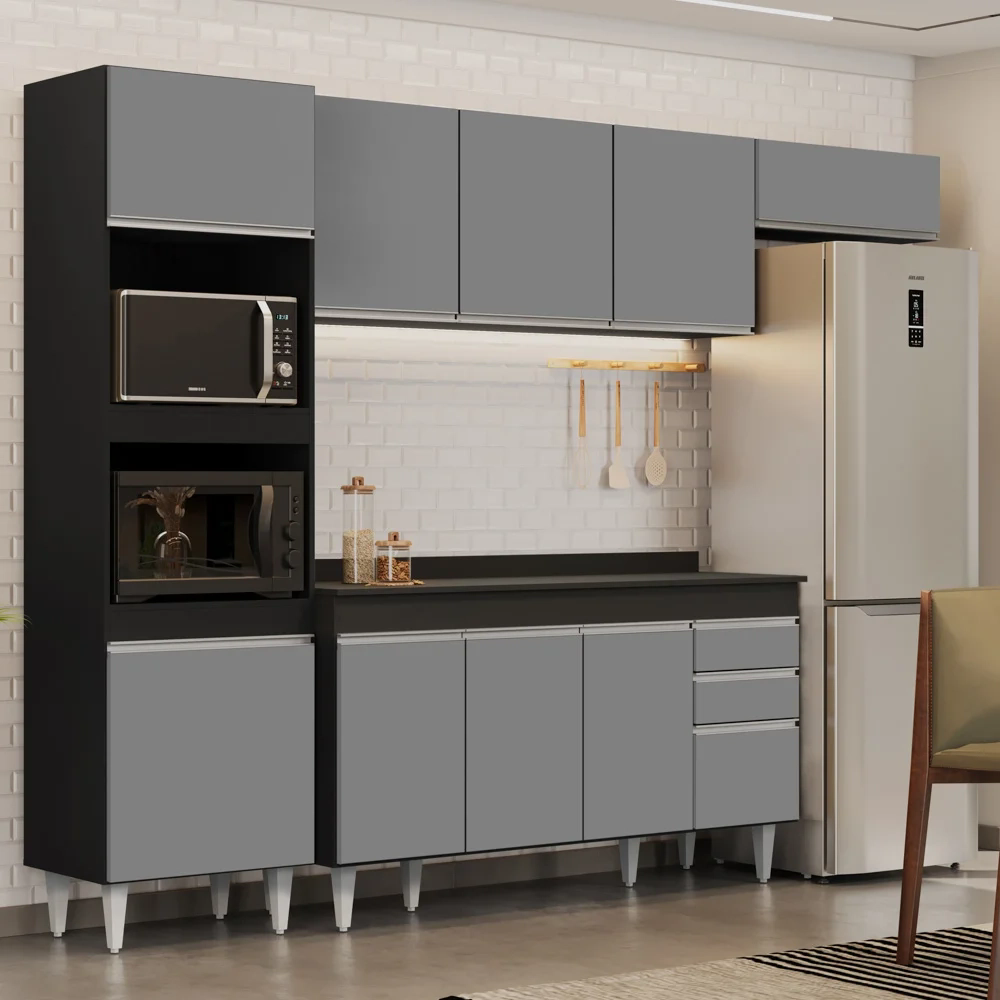 Armário de Cozinha Modulada 4 Peças CP11 Balcão com Tampo Preto/Cinza - Lumil
