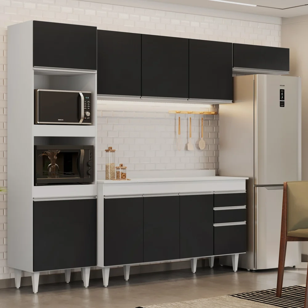 Armário de Cozinha Modulada 4 Peças CP11 Balcão com Tampo Branco/Preto - Lumil