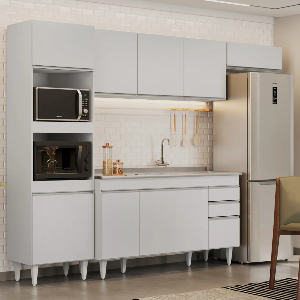 Armário de Cozinha Modulada 4 Peças CP12 Balcão com Pia Inox Branco - Lumil