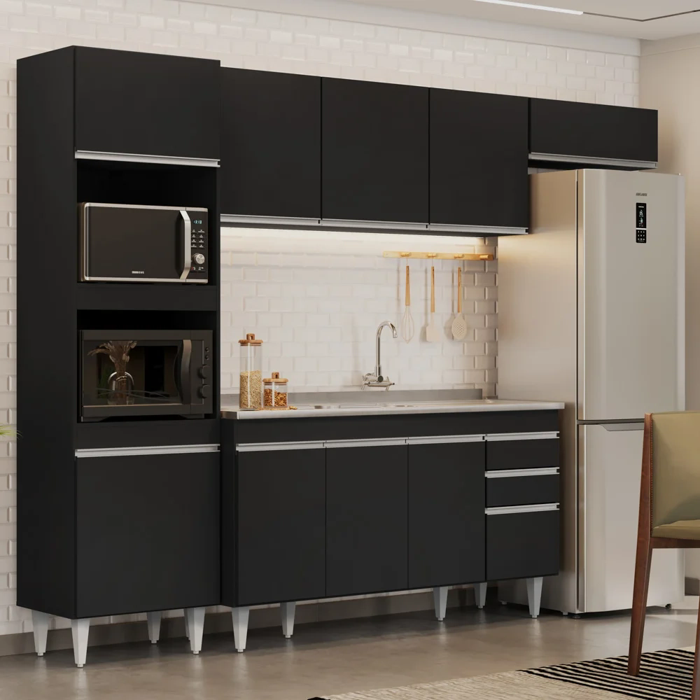 Armário de Cozinha Modulada 4 Peças CP12 Balcão com Pia Inox Preto - Lumil