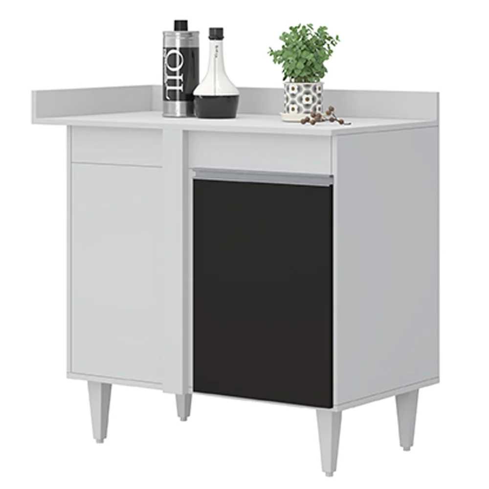 Balcão de Canto Reto com Tampo 1 Porta Denver Branco/Preto - Lumil