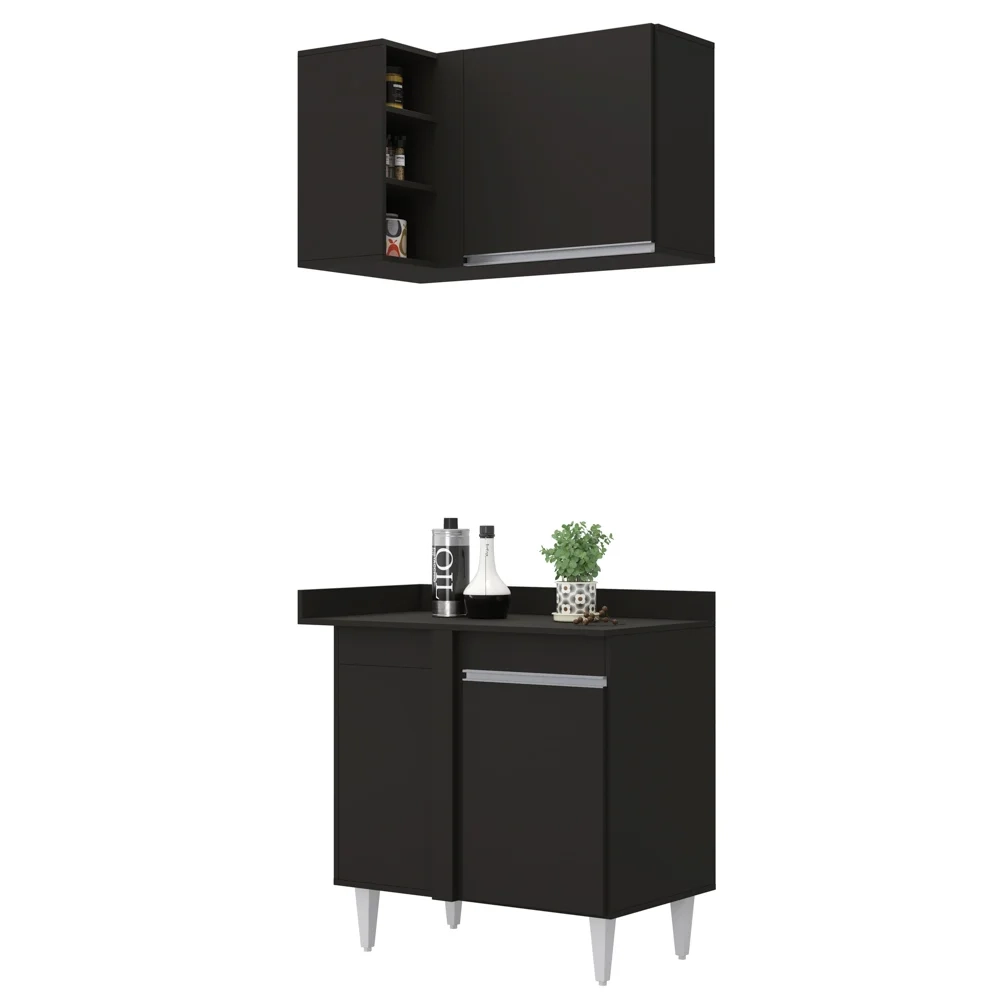 Balcão 1 Porta Denver e Armário Aéreo Austin de Canto Preto - Lumil