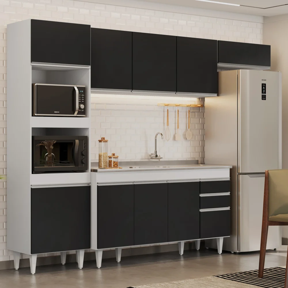 Armário de Cozinha Modulada 4 Peças CP12 Balcão com Pia Inox Branco/Preto - Lumil