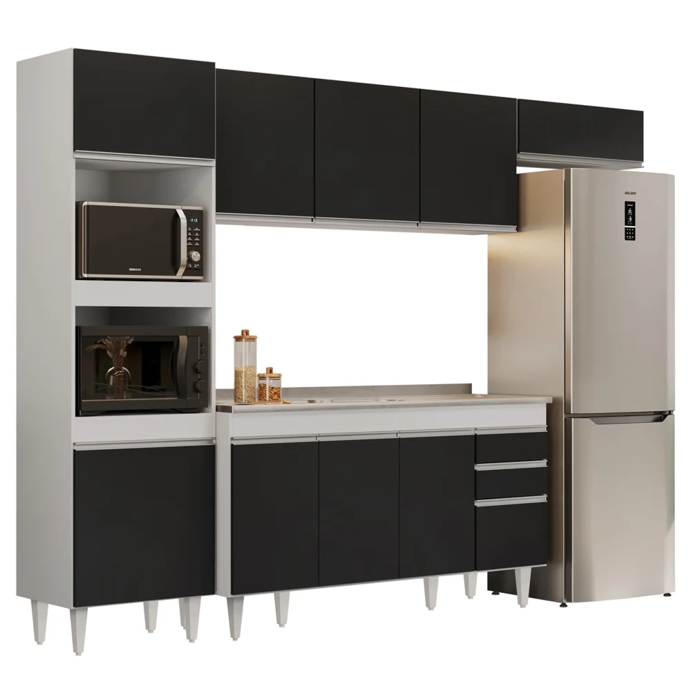 Armário de Cozinha Modulada 4 Peças CP12 Balcão com Pia Inox Branco/Preto - Lumil