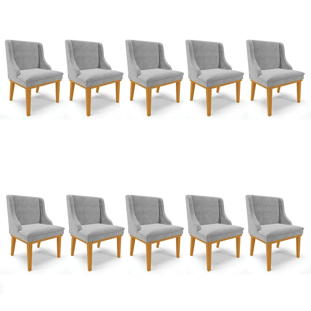 Kit 10 Cadeiras Estofadas para Sala de Jantar Base Fixa de Madeira Castanho Lia Suede Cinza - Ibiza