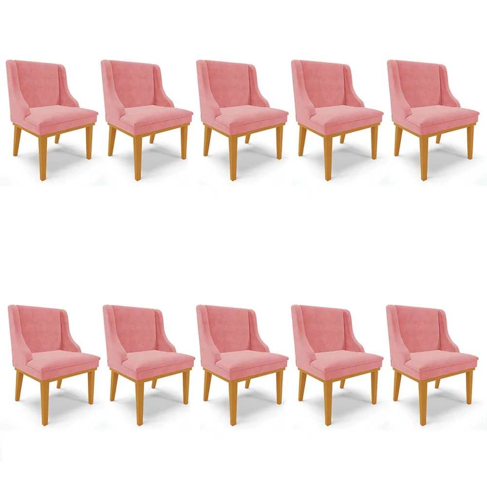 Kit 10 Cadeiras Estofadas para Sala de Jantar Base Fixa de Madeira Castanho Lia Suede Rosê - Ibiza