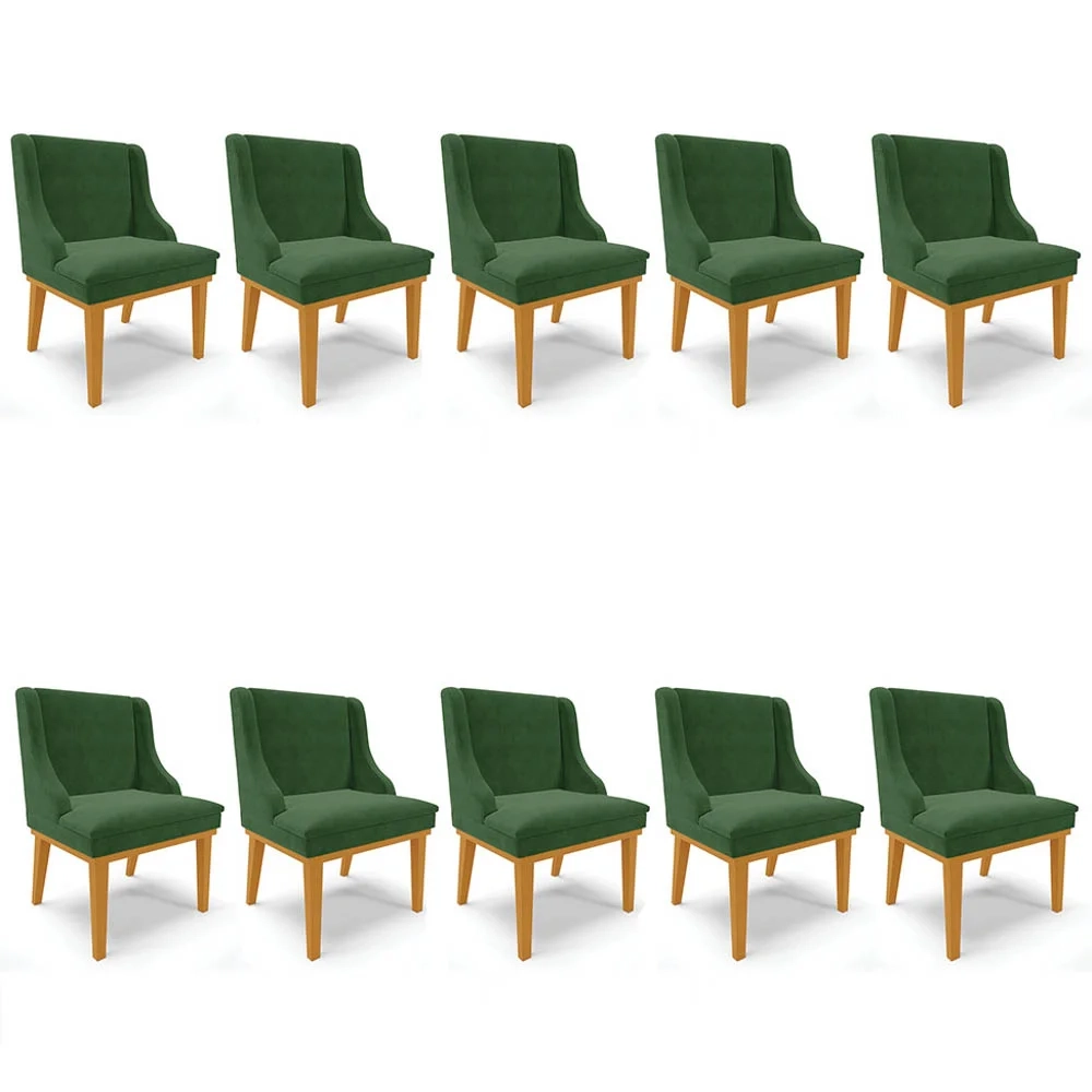 Kit 10 Cadeiras Estofadas para Sala de Jantar Base Fixa de Madeira Castanho Lia Suede Verde - Ibiza