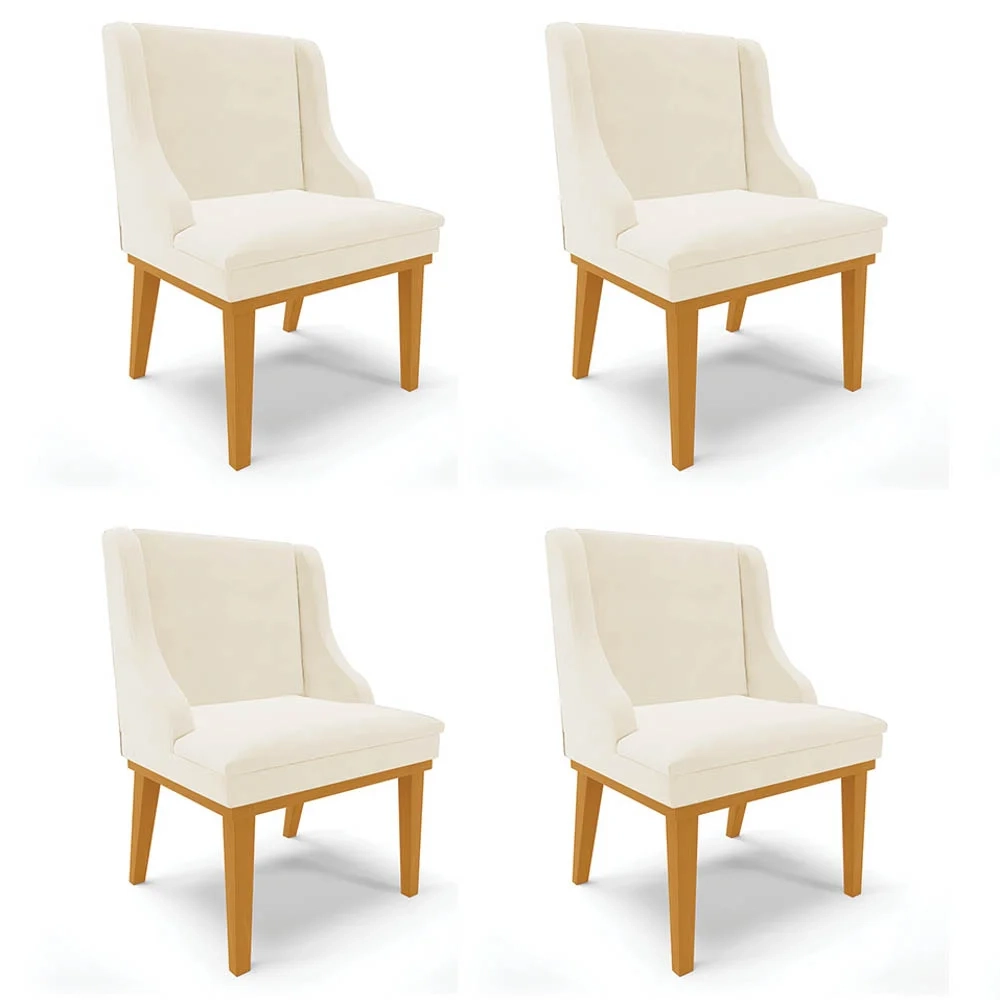 Kit 4 Cadeiras Estofadas para Sala de Jantar Base Fixa de Madeira Castanho Lia Veludo Bege - Ibiza