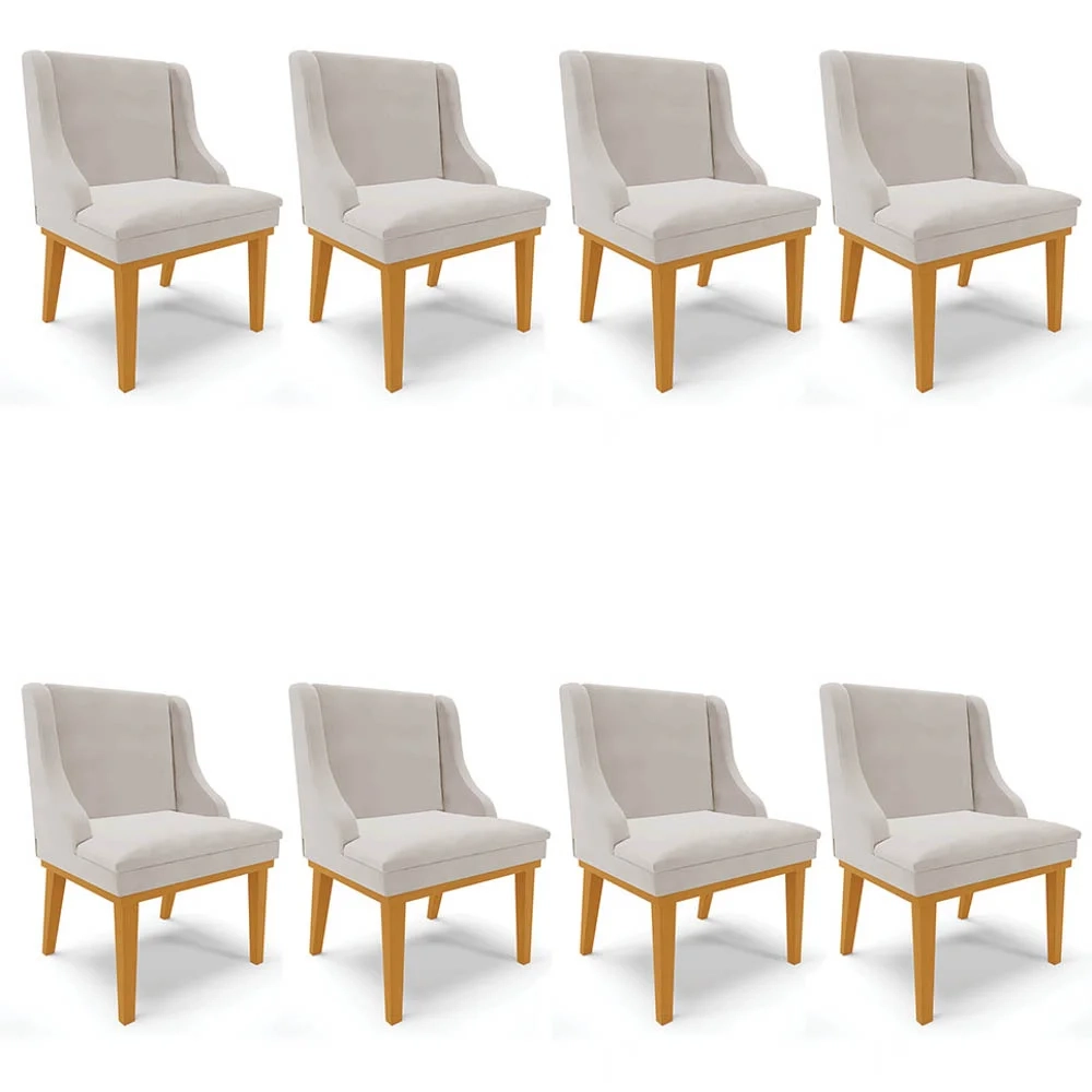 Kit 8 Cadeiras Estofadas para Sala de Jantar Base Fixa de Madeira Castanho Lia Veludo Cinza - Ibiza