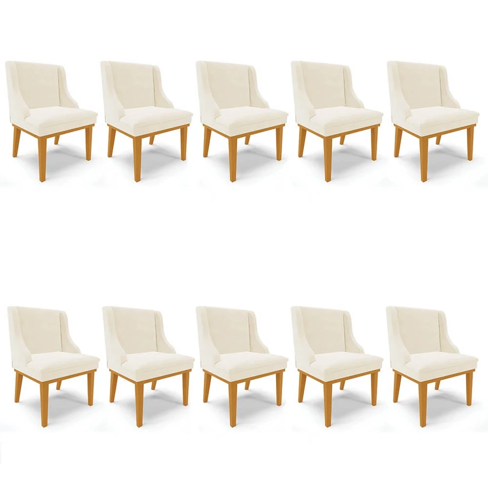 Kit 10 Cadeiras Estofadas para Sala de Jantar Base Fixa de Madeira Castanho Lia Veludo Bege - Ibiza