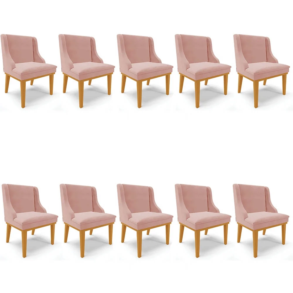Kit 10 Cadeiras Estofadas para Sala de Jantar Base Fixa de Madeira Castanho Lia Veludo Rosê - Ibiza