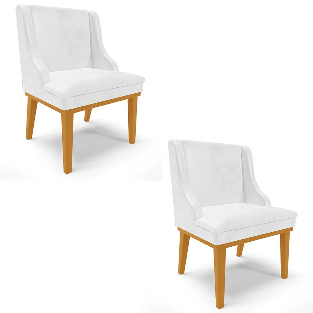 Kit 2 Cadeiras Estofadas Base Fixa de Madeira Castanho Lia Sintético Premium Branco - Ibiza