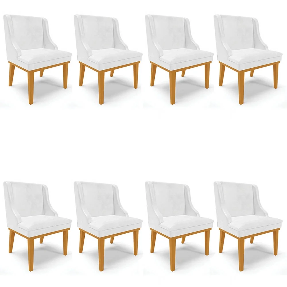 Kit 8 Cadeiras Estofadas Base Fixa de Madeira Castanho Lia Sintético Premium Branco - Ibiza