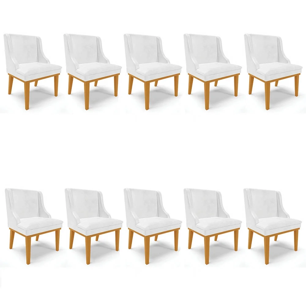 Kit 10 Cadeiras Estofadas Base Fixa de Madeira Castanho Lia Sintético Premium Branco - Ibiza