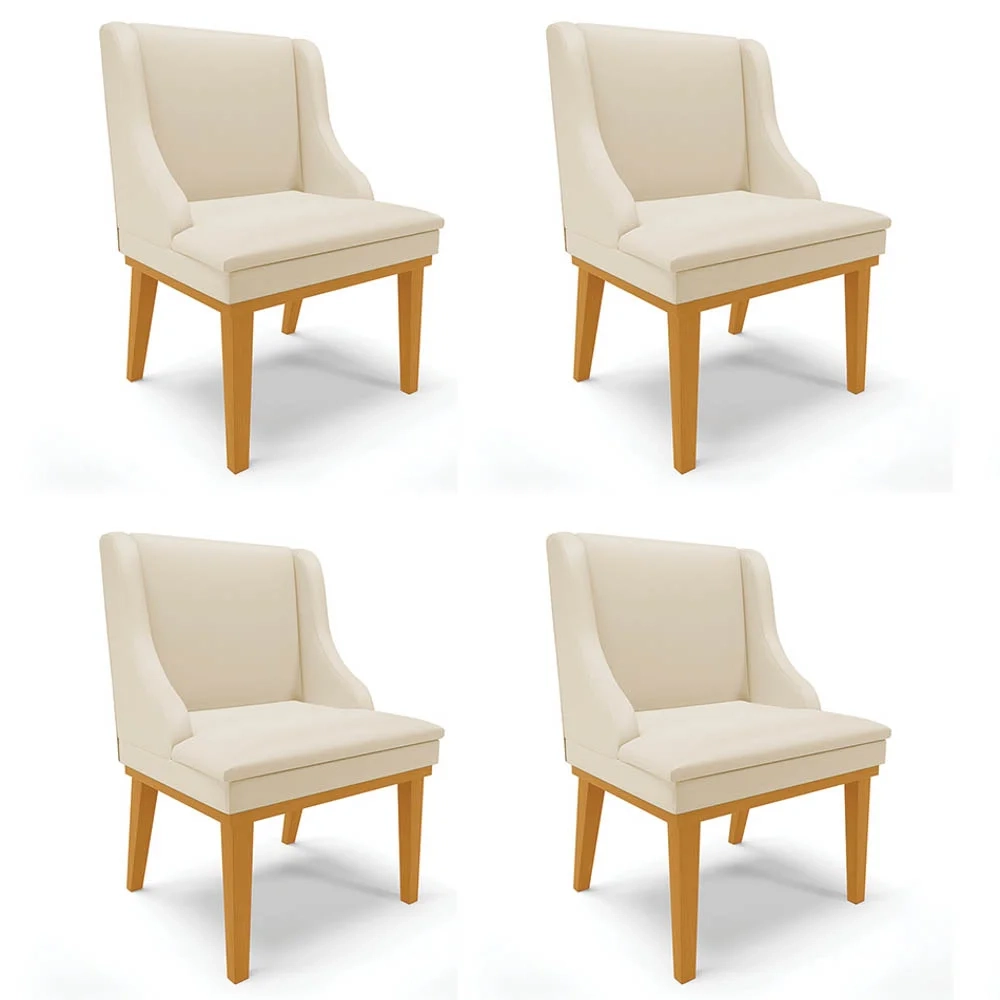 Kit 4 Cadeiras Estofadas Sala de Jantar Base Fixa de Madeira Castanho Lia Sintético Bege - Ibiza