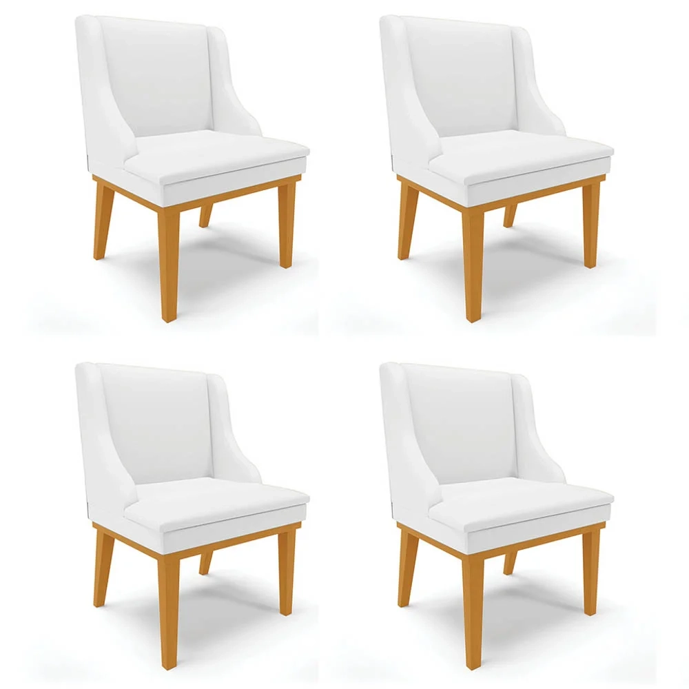 Kit 4 Cadeiras Estofadas Sala de Jantar Base Fixa de Madeira Castanho Lia Sintético Branco - Ibiza