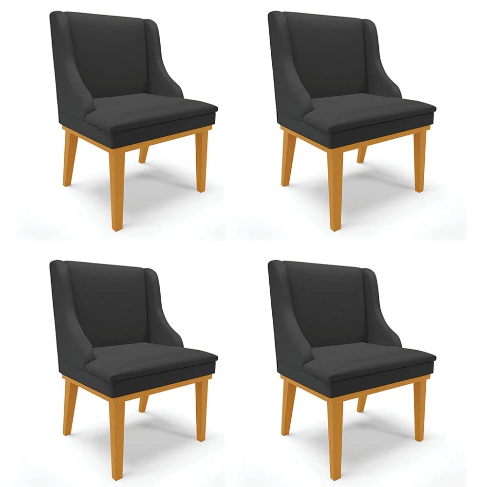 Kit 4 Cadeiras Estofadas Sala de Jantar Base Fixa de Madeira Castanho Lia Sintético Preto - Ibiza