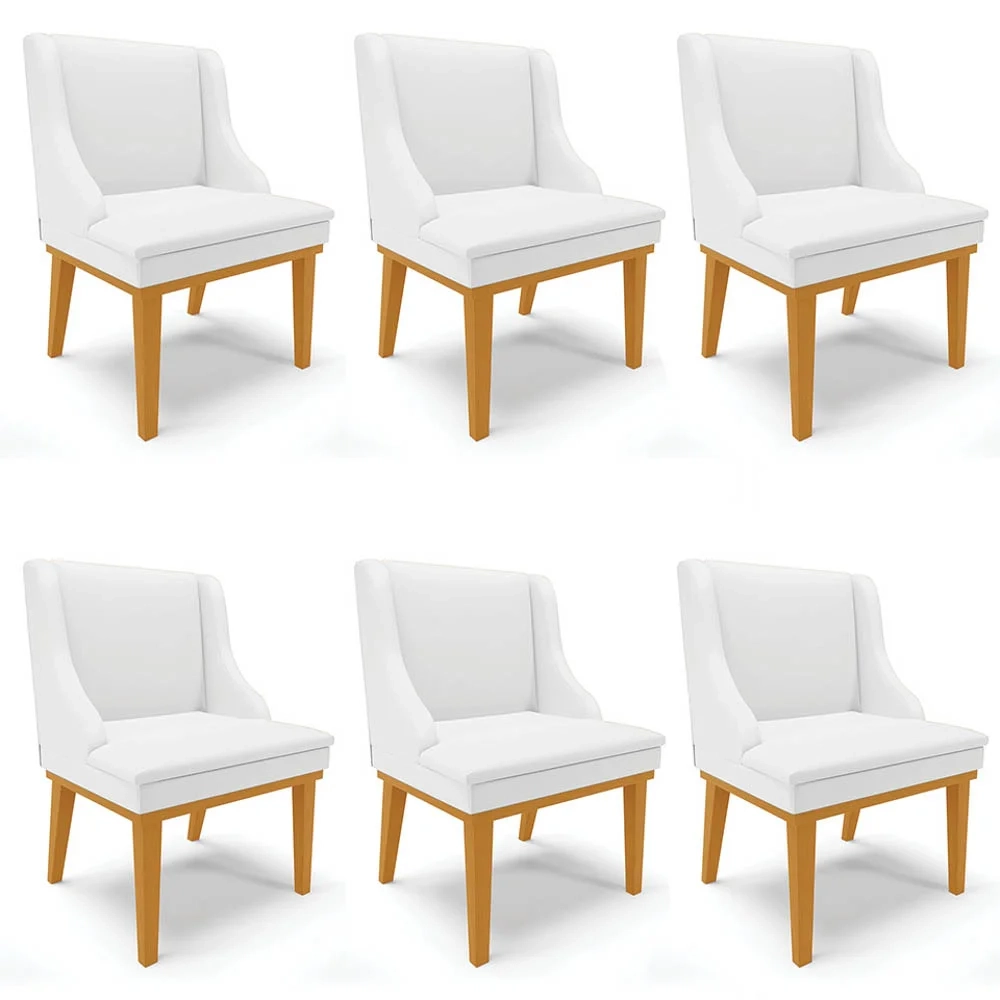 Kit 6 Cadeiras Estofadas Sala de Jantar Base Fixa de Madeira Castanho Lia Sintético Branco - Ibiza