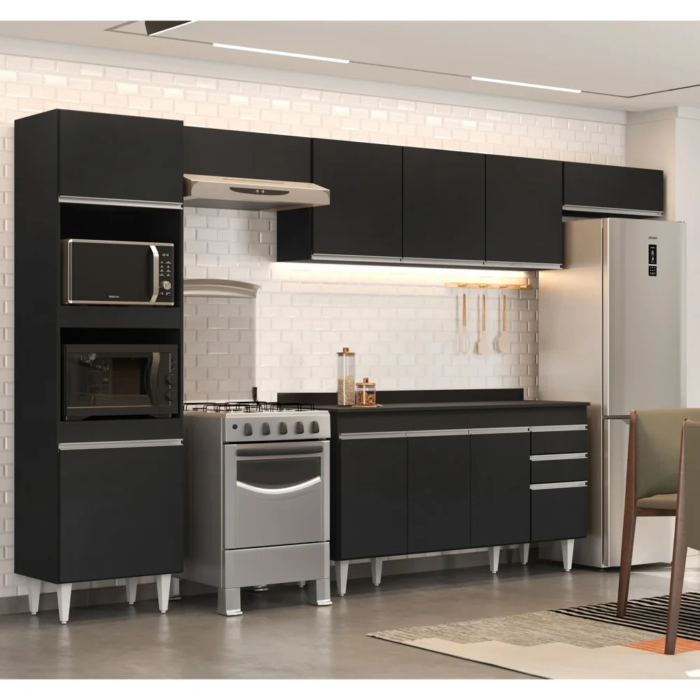 Armário de Cozinha Modulada 5 Peças CP14 Balcão com Tampo Preto - Lumil