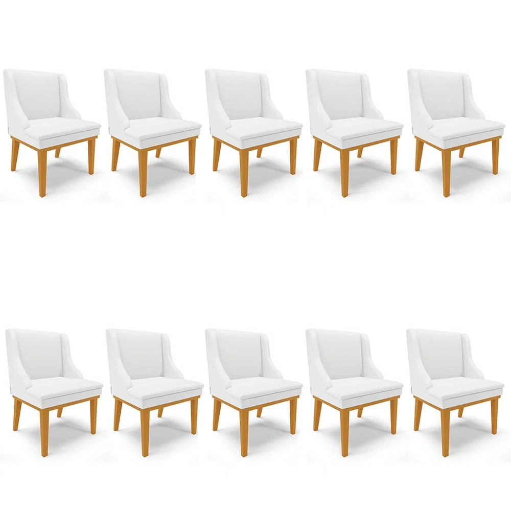 Kit 10 Cadeiras Estofadas Sala de Jantar Base Fixa de Madeira Castanho Lia Sintético Branco - Ibiza