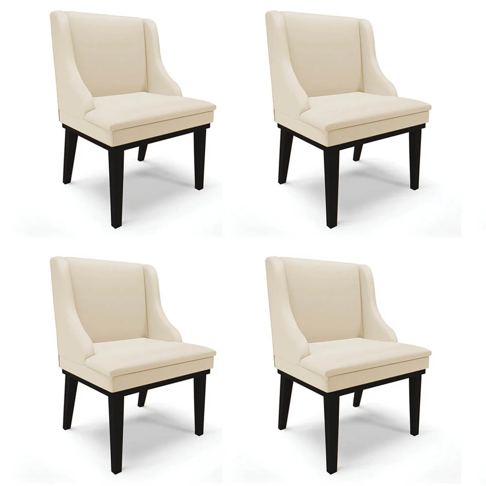 Kit 4 Cadeiras Estofadas Sala de Jantar Base Fixa de Madeira Preto Lia Sintético Bege - Ibiza