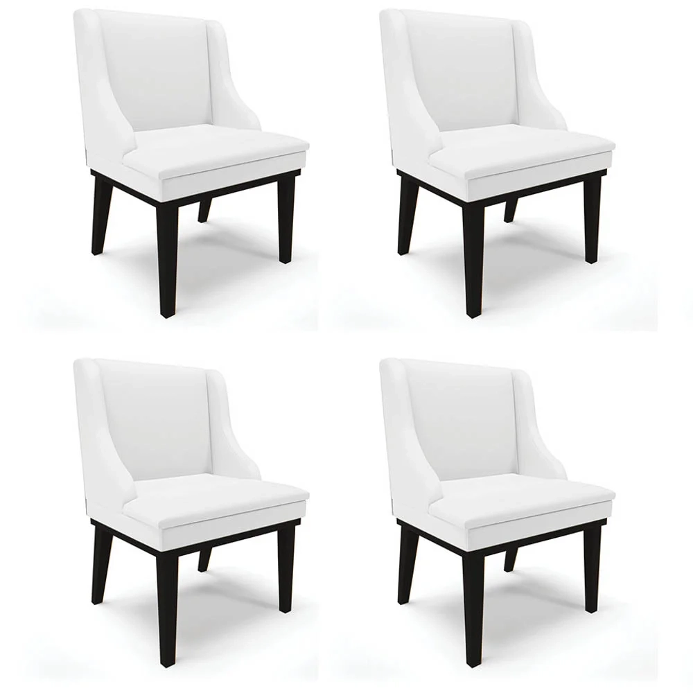 Kit 4 Cadeiras Estofadas Sala de Jantar Base Fixa de Madeira Preto Lia Sintético Branco - Ibiza