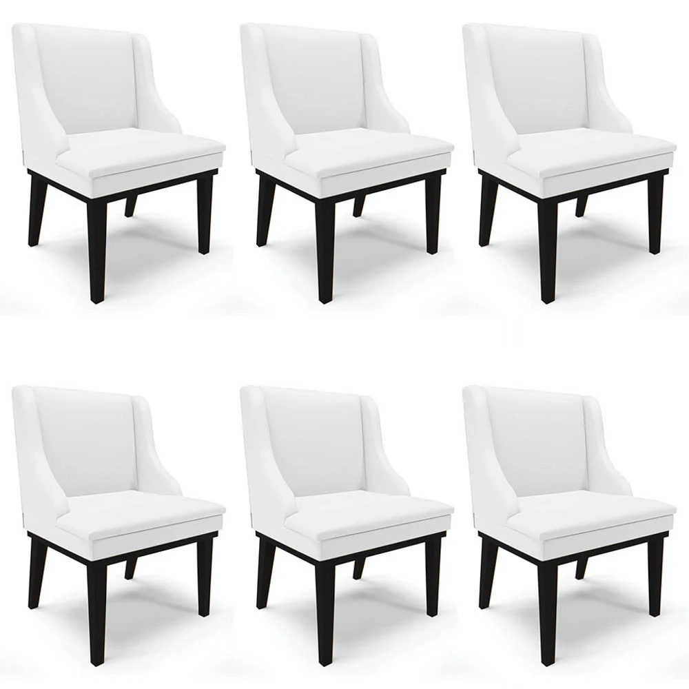 Kit 6 Cadeiras Estofadas Sala de Jantar Base Fixa de Madeira Preto Lia Sintético Branco - Ibiza