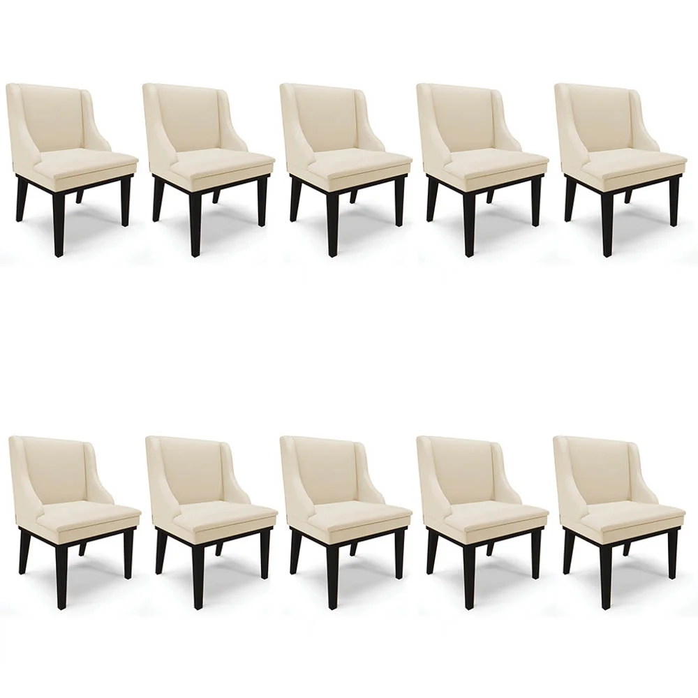 Kit 10 Cadeiras Estofadas Sala de Jantar Base Fixa de Madeira Preto Lia Sintético Bege - Ibiza