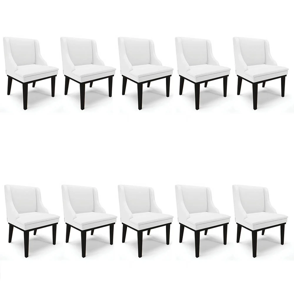 Kit 10 Cadeiras Estofadas Sala de Jantar Base Fixa de Madeira Preto Lia Sintético Branco - Ibiza