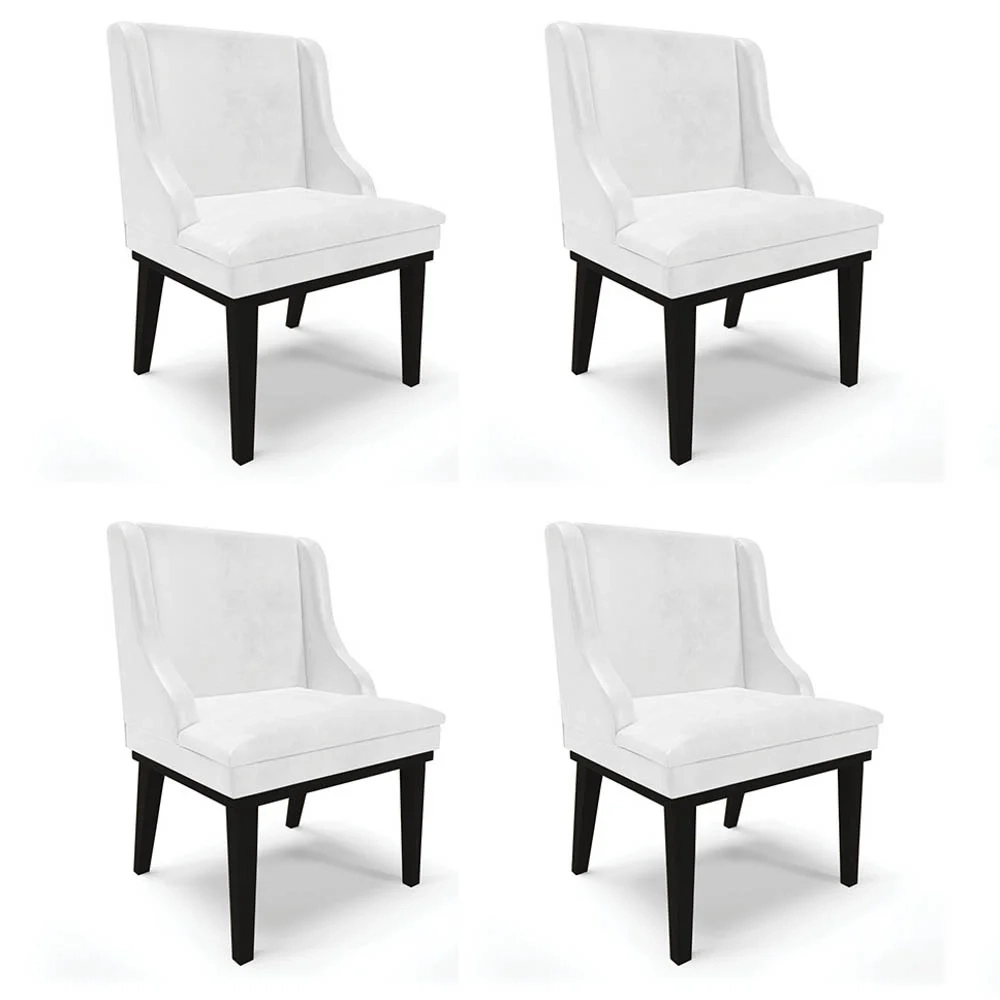 Kit 4 Cadeiras Estofadas Base Fixa de Madeira Preto Lia Sintético Premium Branco - Ibiza