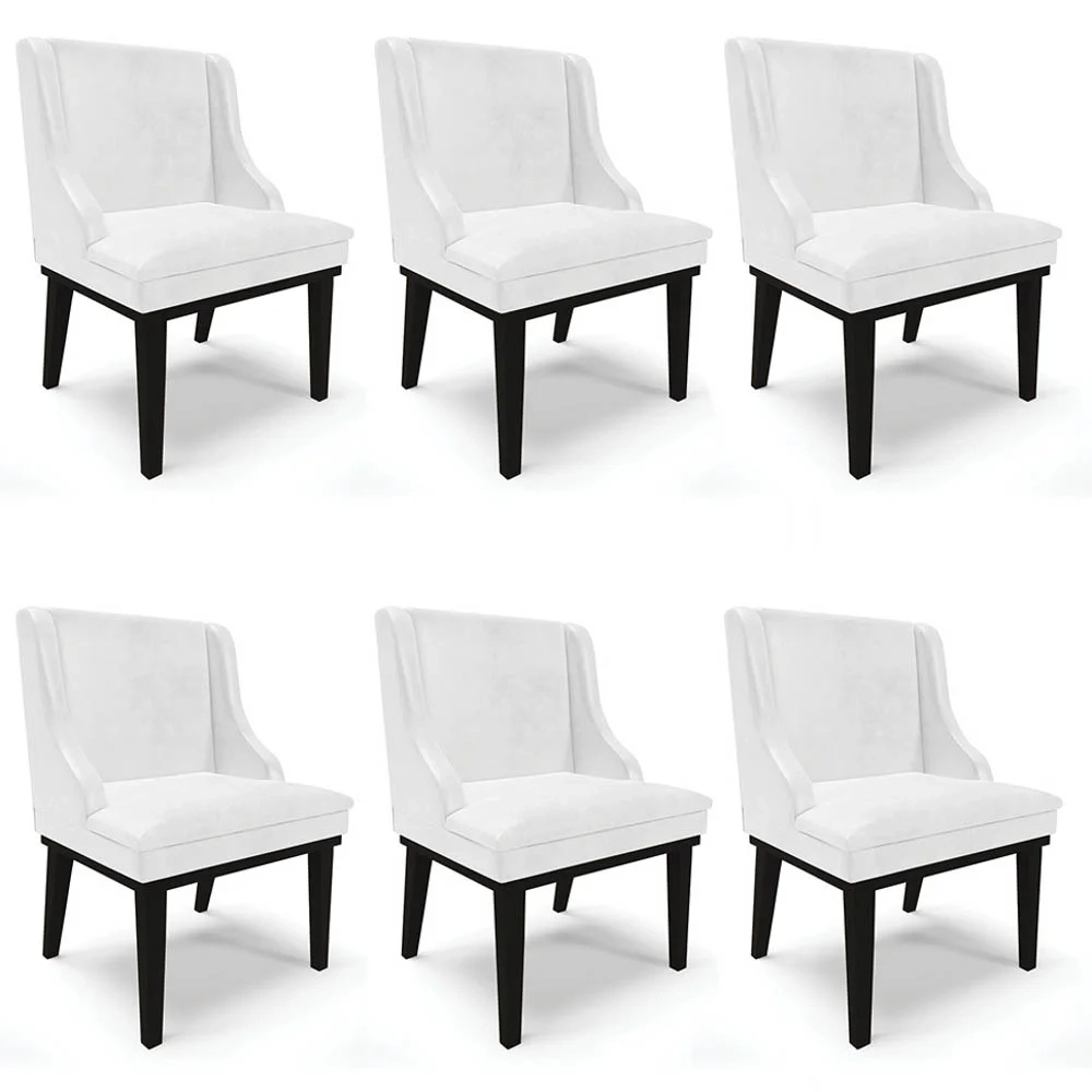 Kit 6 Cadeiras Estofadas Base Fixa de Madeira Preto Lia Sintético Premium Branco - Ibiza