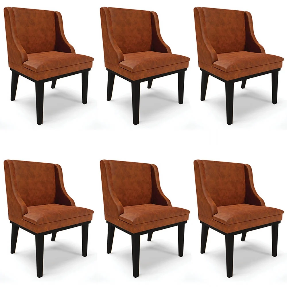 Kit 6 Cadeiras Estofadas Base Fixa de Madeira Preto Lia Sintético Premium Nozes - Ibiza