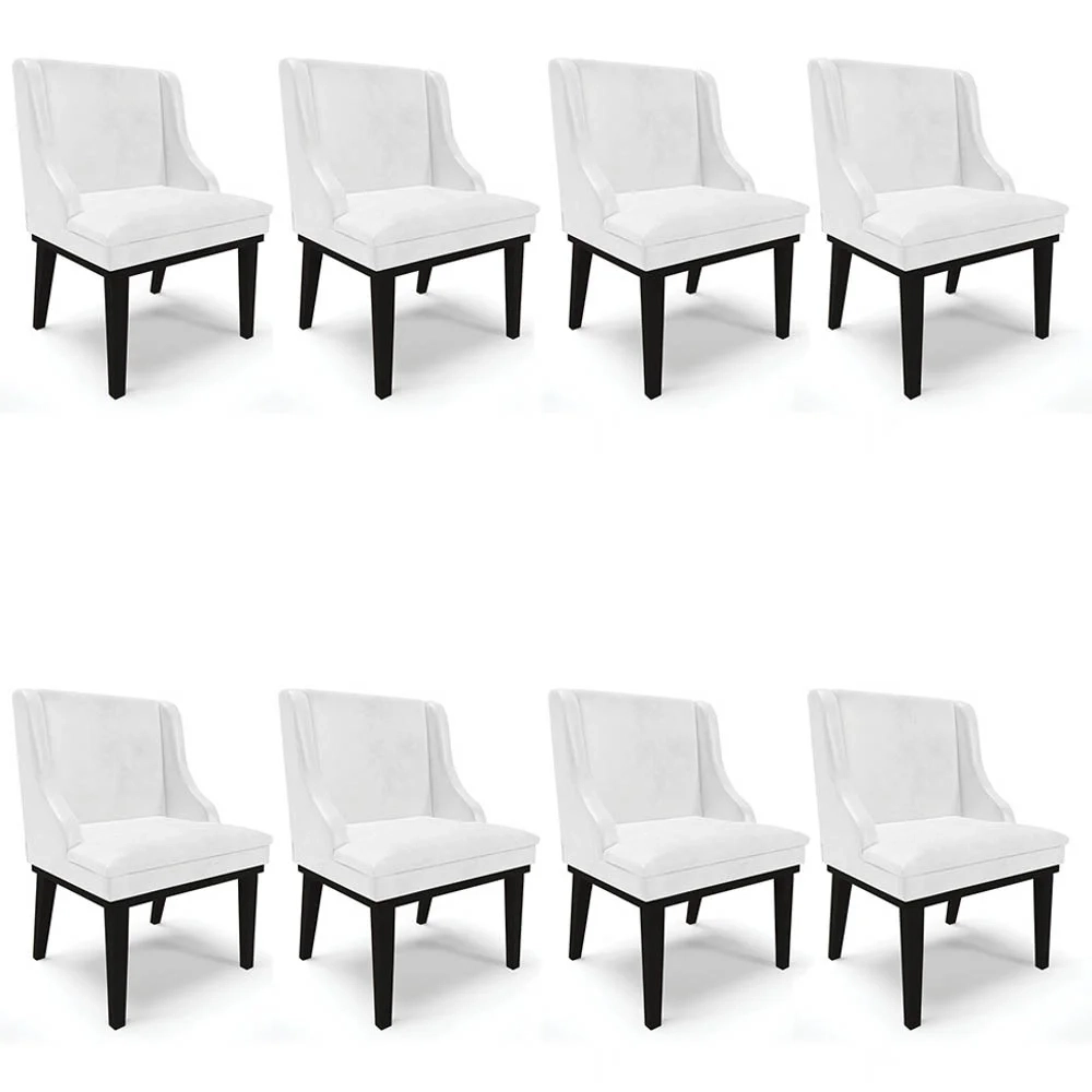 Kit 8 Cadeiras Estofadas Base Fixa de Madeira Preto Lia Sintético Premium Branco - Ibiza
