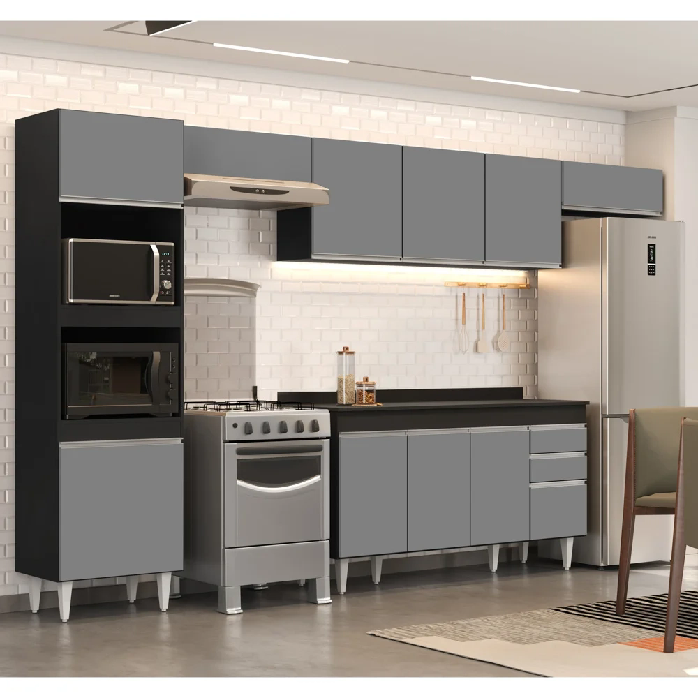 Armário de Cozinha Modulada 5 Peças CP14 Balcão com Tampo Preto/Cinza - Lumil
