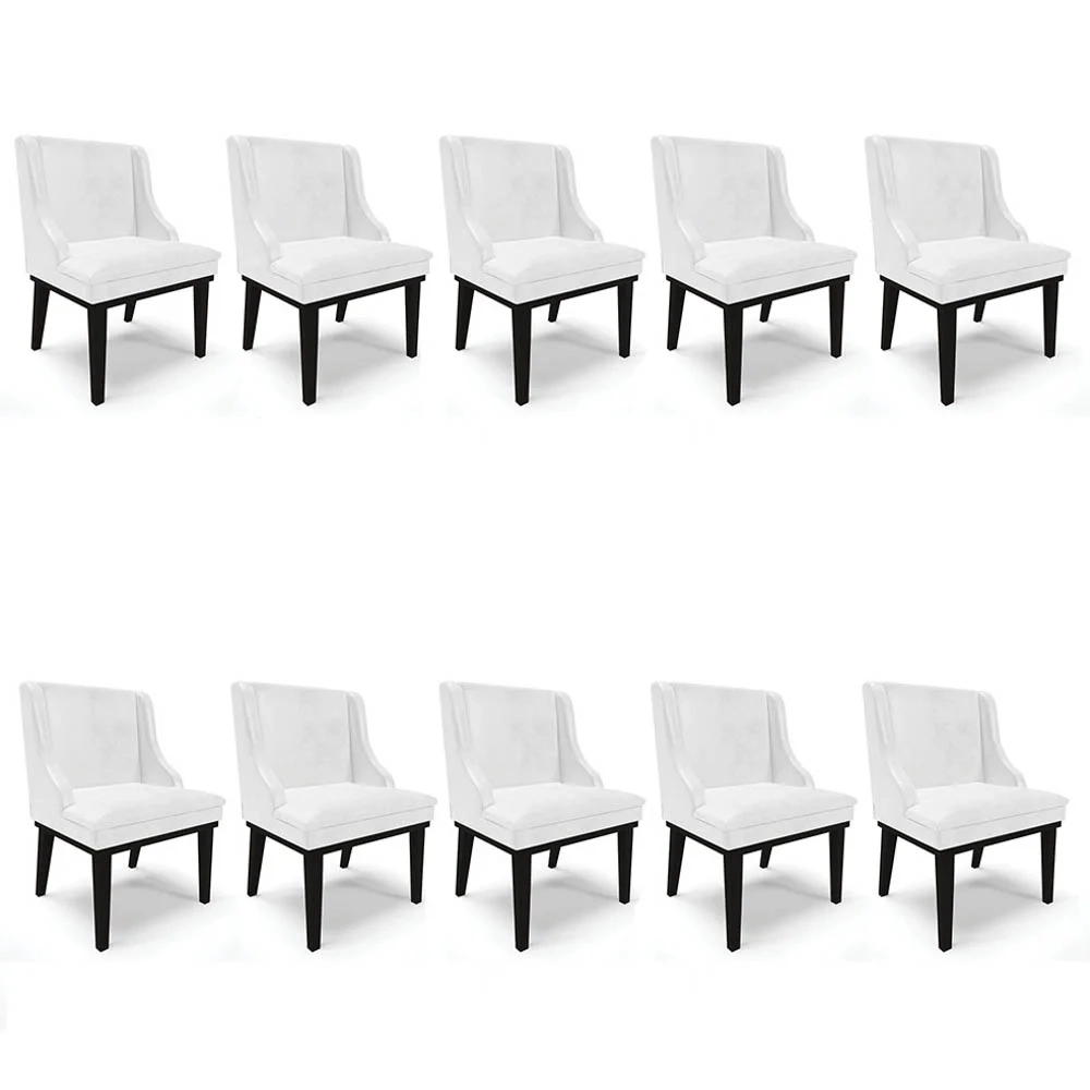 Kit 10 Cadeiras Estofadas Base Fixa de Madeira Preto Lia Sintético Premium Branco - Ibiza