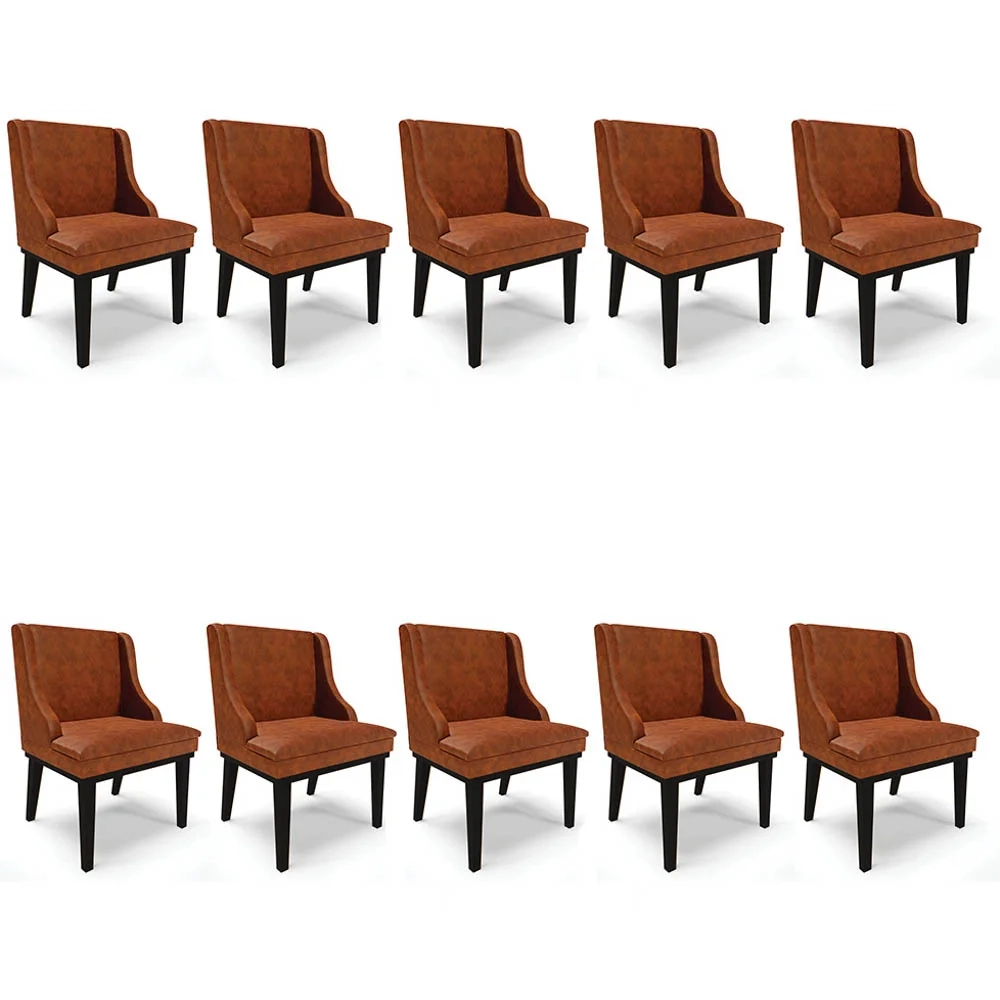 Kit 10 Cadeiras Estofadas Base Fixa de Madeira Preto Lia Sintético Premium Nozes - Ibiza