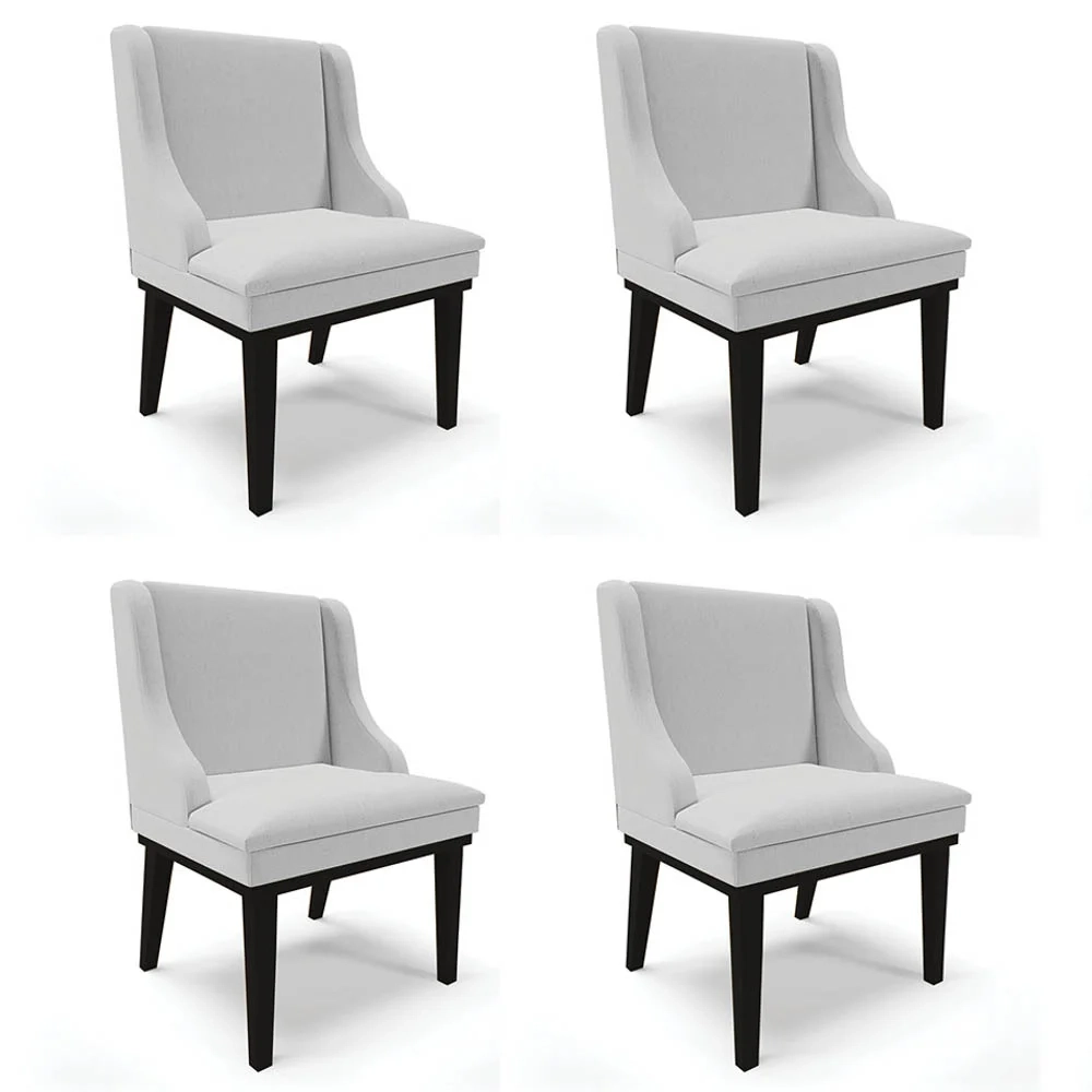 Kit 4 Cadeiras Estofadas para Sala de Jantar Base Fixa de Madeira Preto Lia Linho Cinza - Ibiza