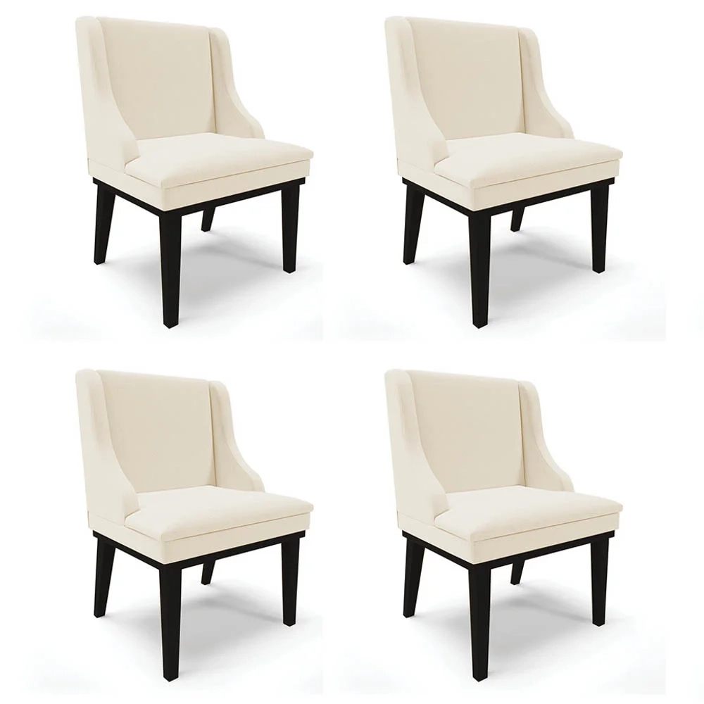 Kit 4 Cadeiras Estofadas para Sala de Jantar Base Fixa de Madeira Preto Lia Linho Bege - Ibiza